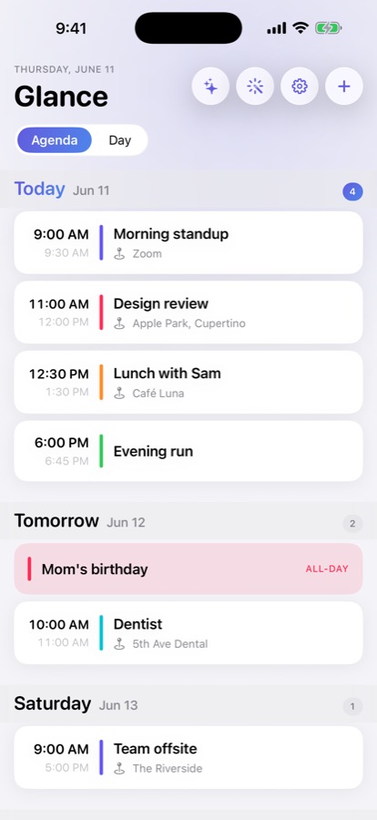 Glance agenda screen showing today's events