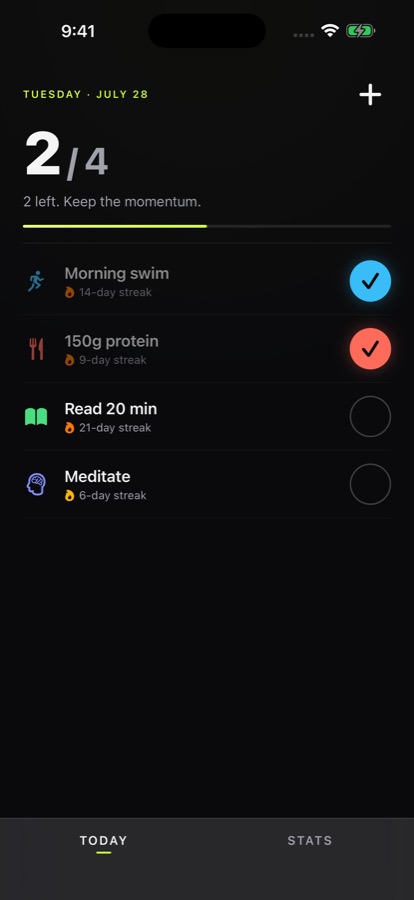 Habit Streak today screen with habits checked off