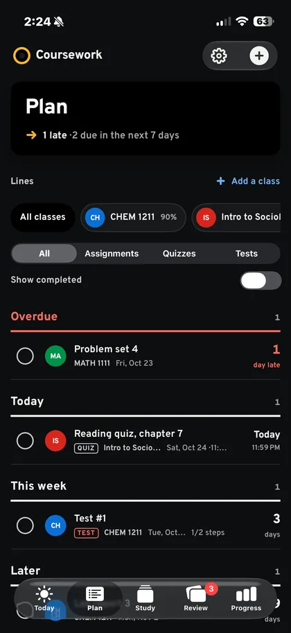 Coursework Plan screen with assignments grouped by due date