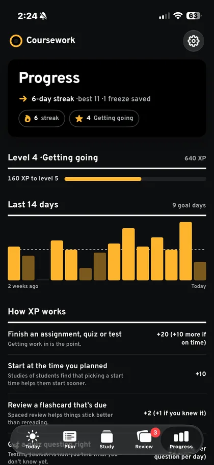 Coursework Progress screen with streaks, XP and levels