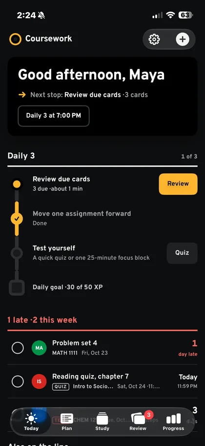 Coursework Today screen showing the Daily 3 and upcoming work