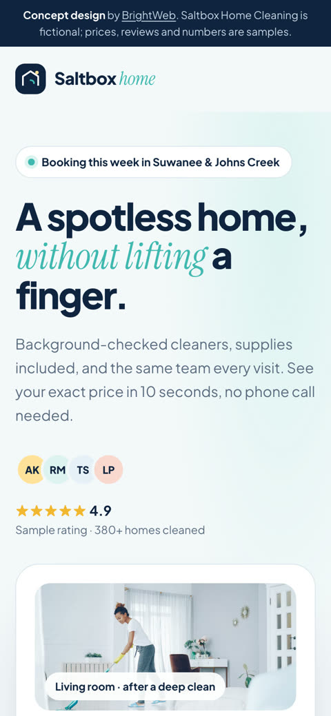 Saltbox Home Cleaning demo on a phone