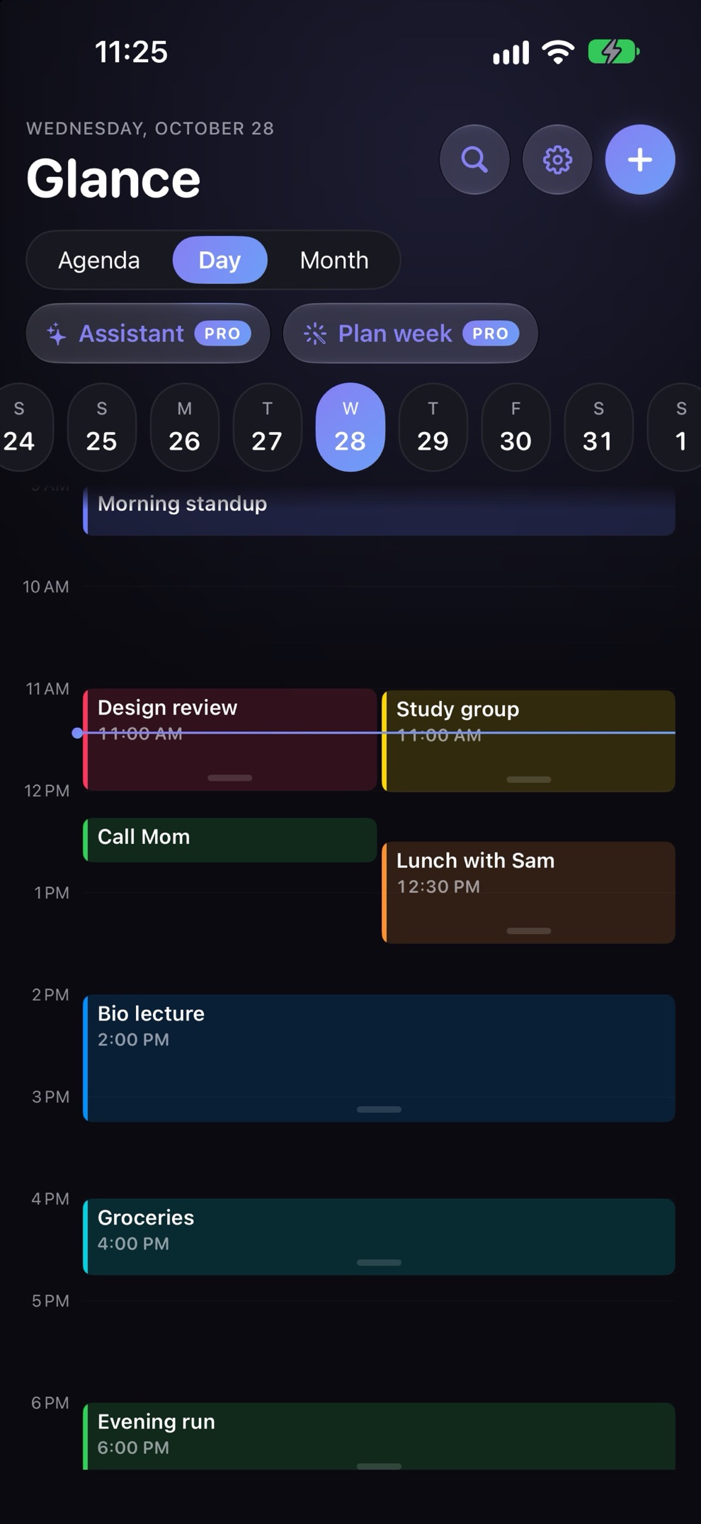Glance Day view in dark mode with color-coded events hour by hour