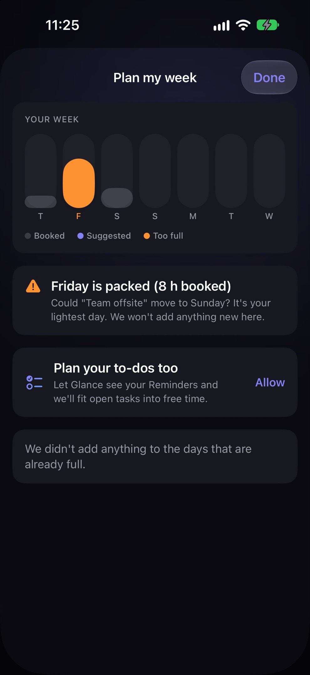 Plan my week in dark mode showing a packed Friday and a suggestion to move an event