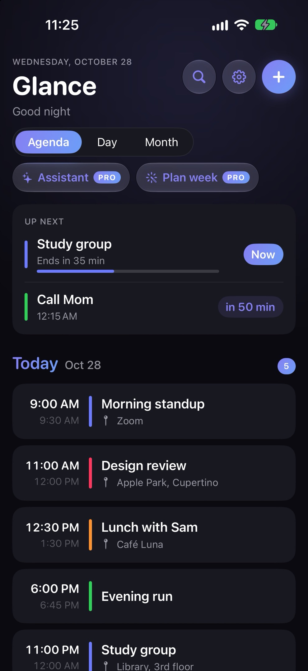 Glance agenda in dark mode with the Up Next card showing the current and next event