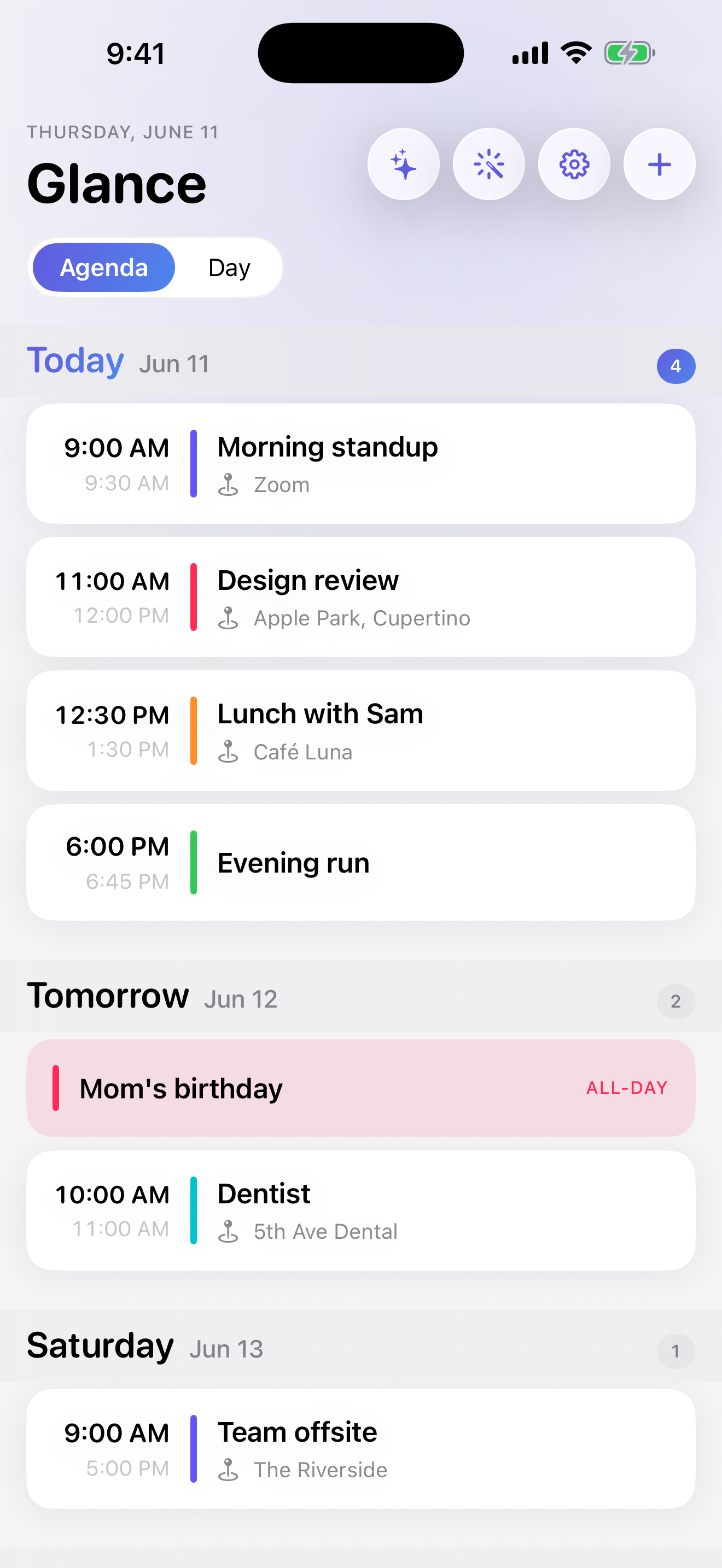 Glance Calendar interface shown inside the BrightWeb mobile app template