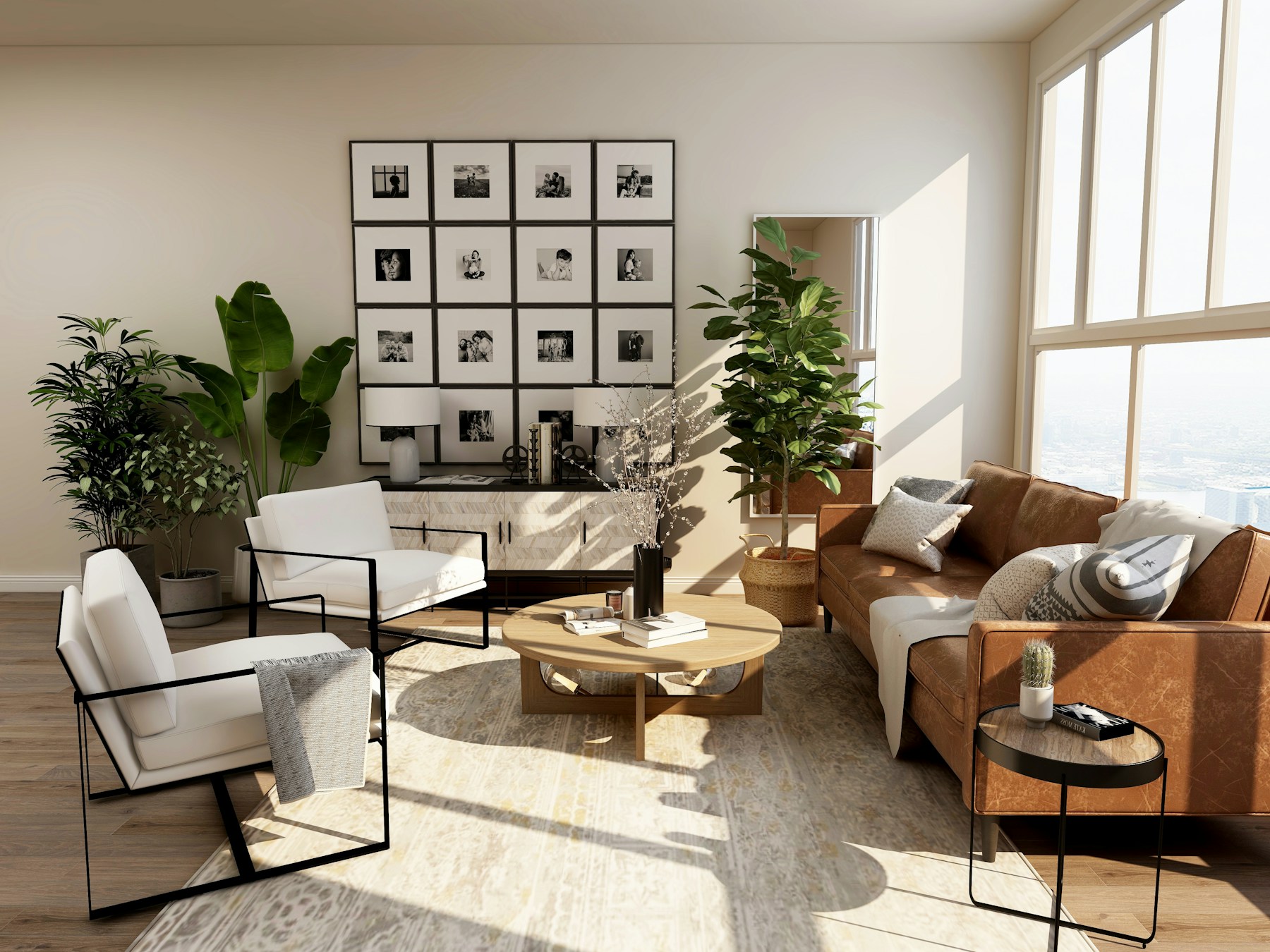 A quiet, light-filled living space with natural materials